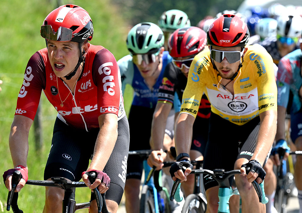 NEUHAUSEN AM RHEINFALL, SWITZERLAND - JUNE 20: Jonas Gregaard of Denmark and Team Lotto competes during the 88th Tour de Suisse 2025, Stage 6 a 186.7km stage from Chur to Neuhausen am Rheinfall / #UCIWT / on June 20, 2025 in Neuhausen am Rheinfall, Switzerland. (Photo by Tim de Waele/Getty Images)