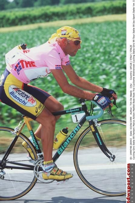 Defending Giro d'Italia champion in the maglia rosa during the 1999 edition of the Italian Grand Tour