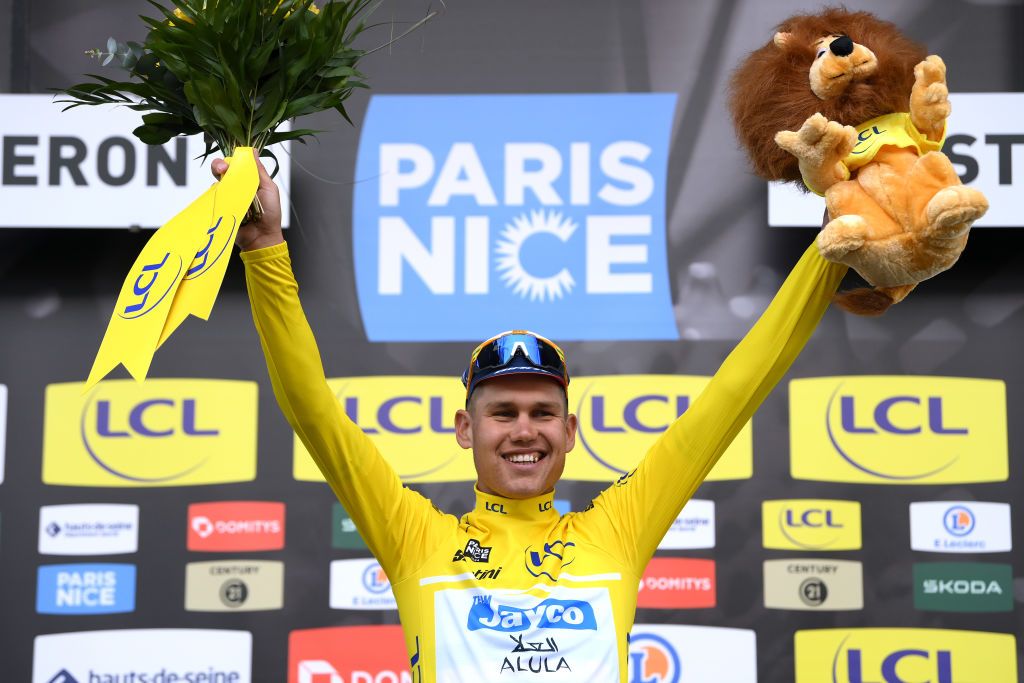 SISTERONFRANCE MARCH 07 Luke Plapp of Australia and Team Jayco AlUla Yellow Leader Jersey celebrates at podium during the 82nd Paris Nice 2024 Stage 5 a 1935km stage from SaintSauveurdeMontagut to Sisteron UCIWT on March 07 2024 in Sisteron France Photo by Alex BroadwayGetty Images