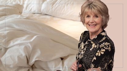  picture of nancy birtwhistle cut out over laying picture of white bedding