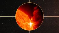 a close up view of the sun in space, a large fiery solar flare lifts off the sun in the upper right corner.