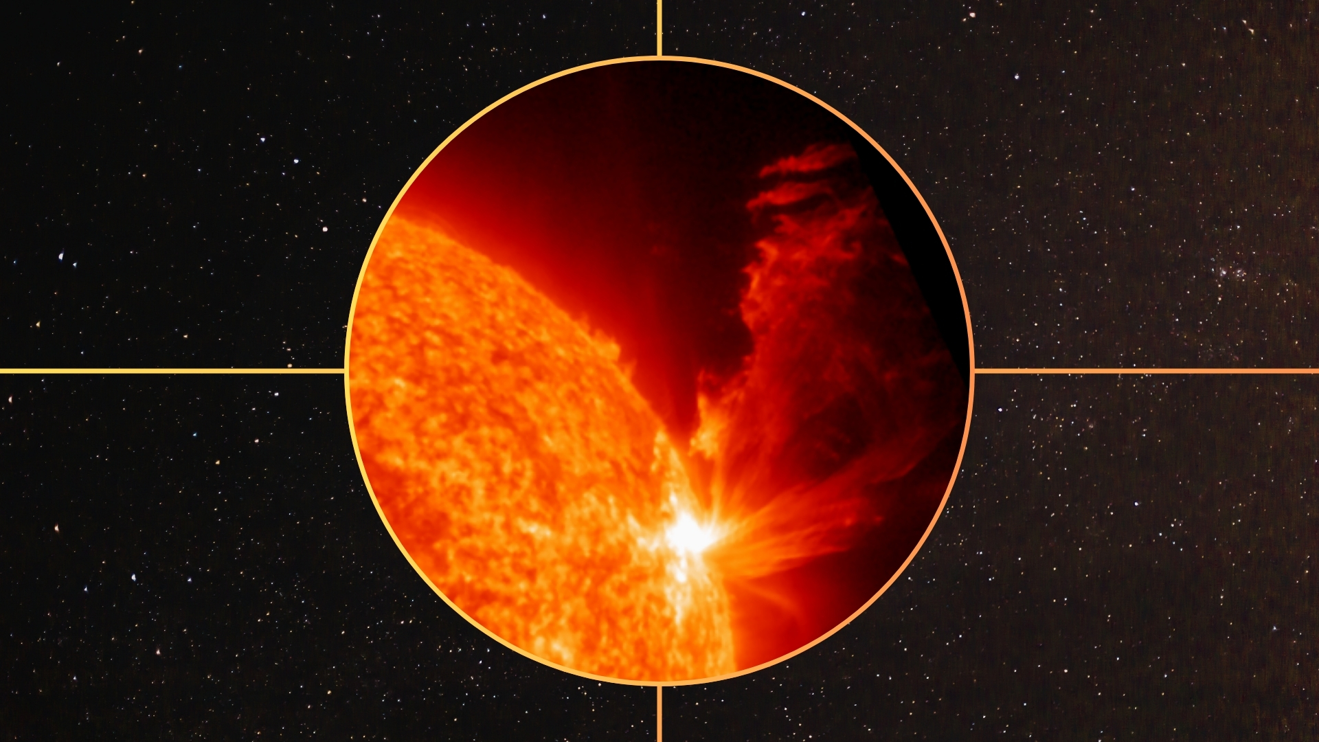 a close up view of the sun in space, a large fiery solar flare lifts off the sun in the upper right corner.