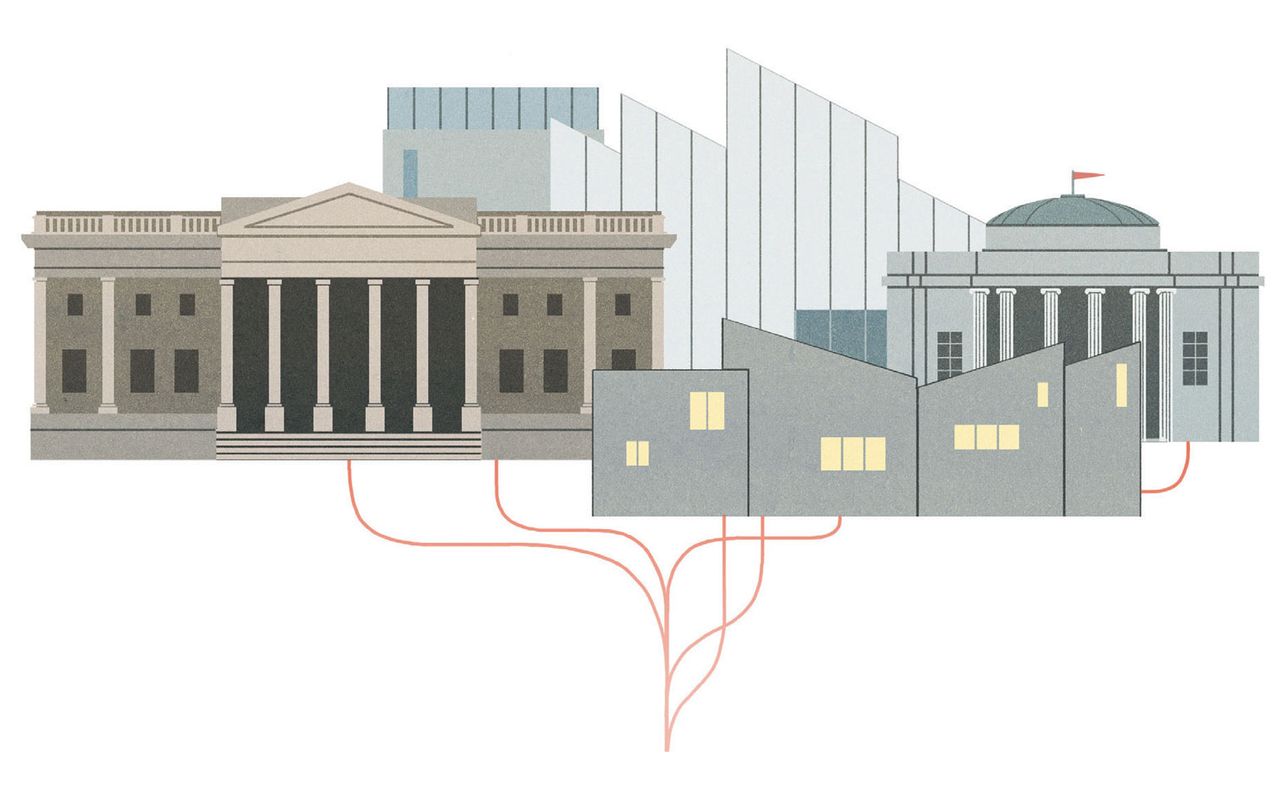 Digital artwork with 4 different types of building in shades of grey with red wires leading from the buildings into the ground. 