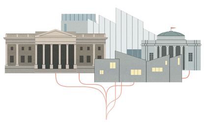 Digital artwork with 4 different types of building in shades of grey with red wires leading from the buildings into the ground. 