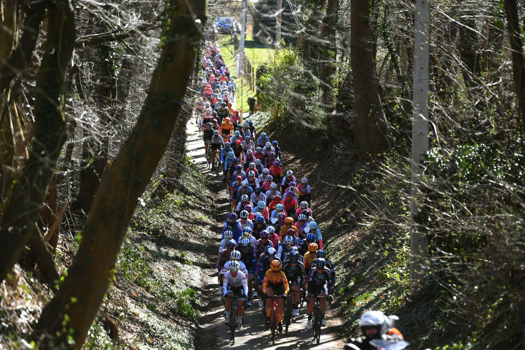 TIELTWINGE BELGIUM FEBRUARY 27 A general view of the peloton competing during the 17th Craywinckelhof Omloop van het Hageland 2022 a 1282km race from Tienen to TieltWinge OmloopHageland on February 27 2022 in TieltWinge Belgium Photo by Luc ClaessenGetty Images