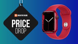 The red Apple Watch sat on a colourful background, with 'Price drop' text to the left of it. 