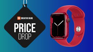 The red Apple Watch sat on a colourful background, with &#039;Price drop&#039; text to the left of it. 