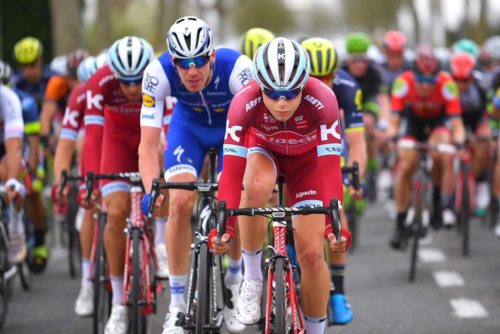 Katusha's Mads Wurtz Schmidt on the front of the De Panne peloton.