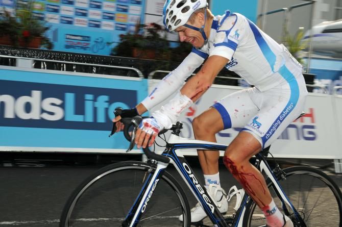 Charles Planet (Team Novo Nordisk) finishes stage 2 despite a bad crash