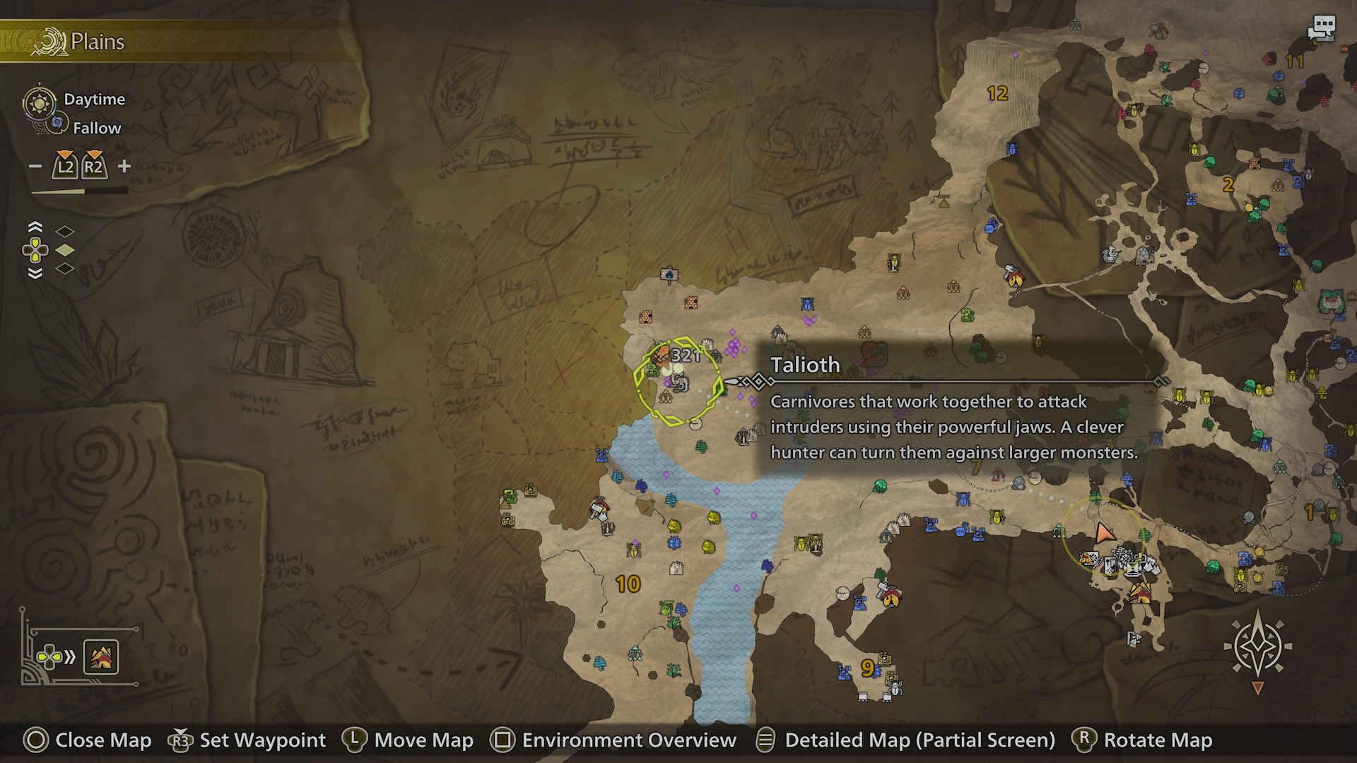 Talioth highlighted on the Monster Hunter Wilds Plains map