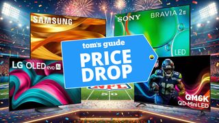 Collage of TVs with NFL stadium as the background