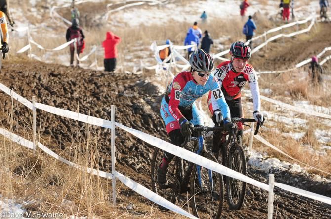 Nolan McQueen (Bob's Red Mill) and Isaac Jonas fighting for dry footing on a descent