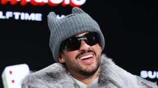 SAN FRANCISCO, CALIFORNIA - FEBRUARY 05: Bad Bunny appears onstage during the Super Bowl LX Pregame & Apple Music Super Bowl LX Halftime Show Press Conference at Moscone Center West, 2026 in San Francisco, California. (Photo by Kevin Mazur/Getty Images for Roc Nation)
