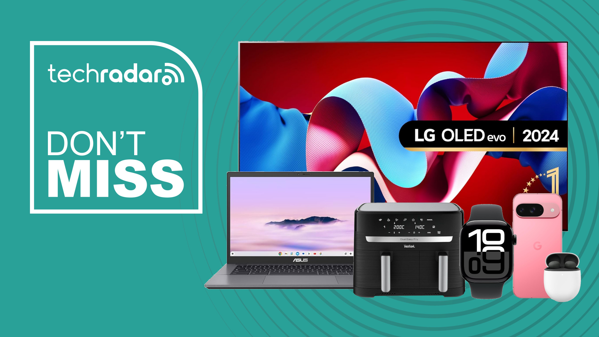 Collage of an LG C4 OLED TV, Asus Chromebook, Tefal air fryer, Apple Watch and Pixel 9 on a green background next to TechRadar don't miss deals logo