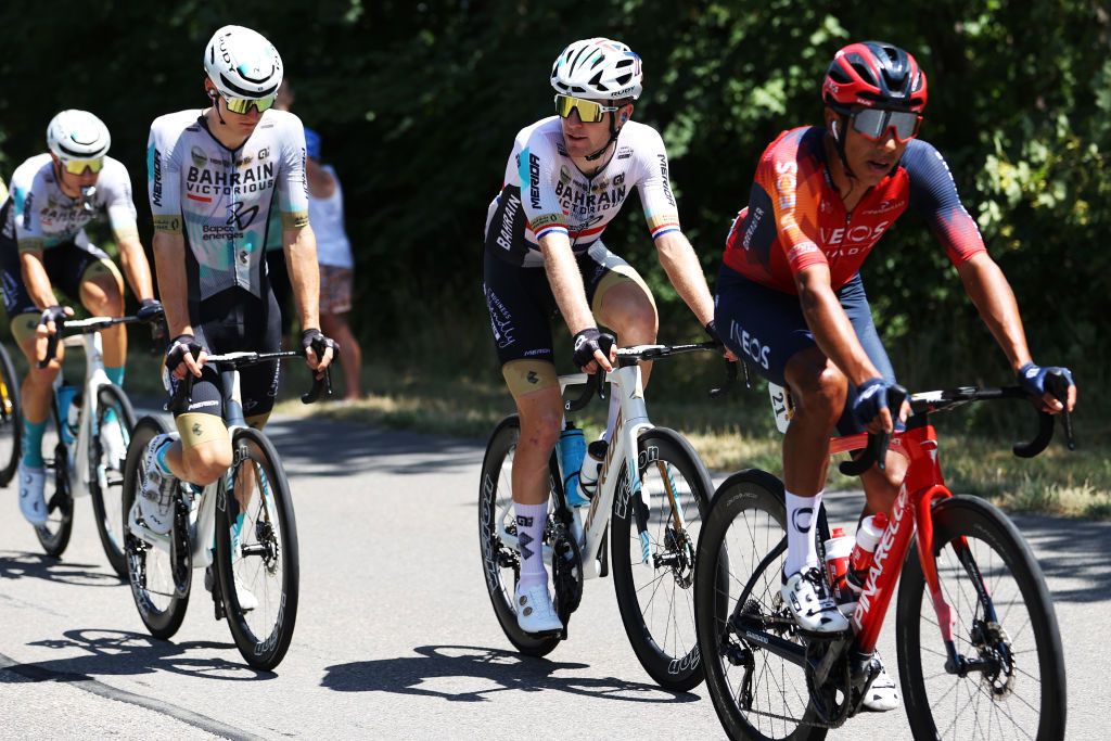 BOURGENBRESSE FRANCE JULY 20 LR Matej Mohoric of Slovenia and Fred Wright of United Kingdom and Team Bahrain Victorious competes during the stage eighteen of the 110th Tour de France 2023 a 1849km stage from Motiers to BourgenBresse UCIWT on July 20 2023 in BourgenBresse France Photo by Michael SteeleGetty Images
