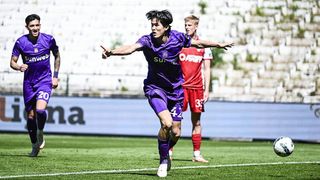 Anderlecht's Keisuke Goto celebrates after scoring during a soccer match between Royal Antwerp FC and RSC Anderlecht in May 2025