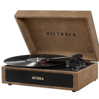 victrola vinyl player in lambskin brown with built in speakers