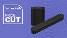 Sonos speaker and soundbar side by side on a purple background next to TechRadar price cut badge