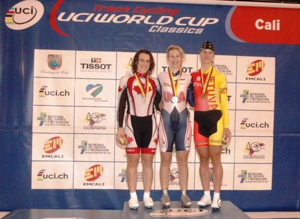 Women's individual pursuit podium: Tara Whitten (2nd, Canada), Sarah Hammer (1st, USA) and Vilija Sereikaite (3rd, Lithuania)