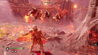 God of War Ragnarok Valhalla mode Kratos activating Rage and launching three enemies