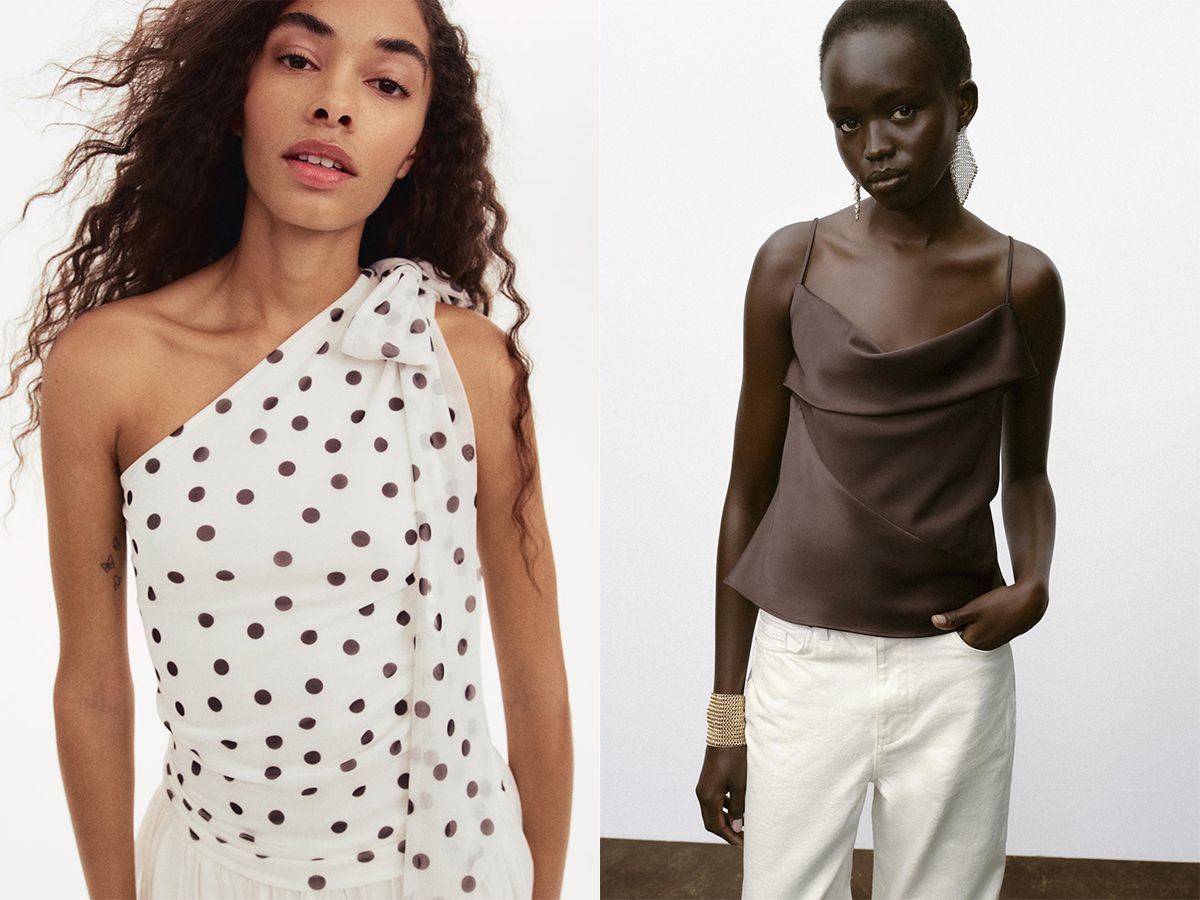 Models wearing One-Shoulder Mesh Top from H&M and satin trim camisole top from Zara.