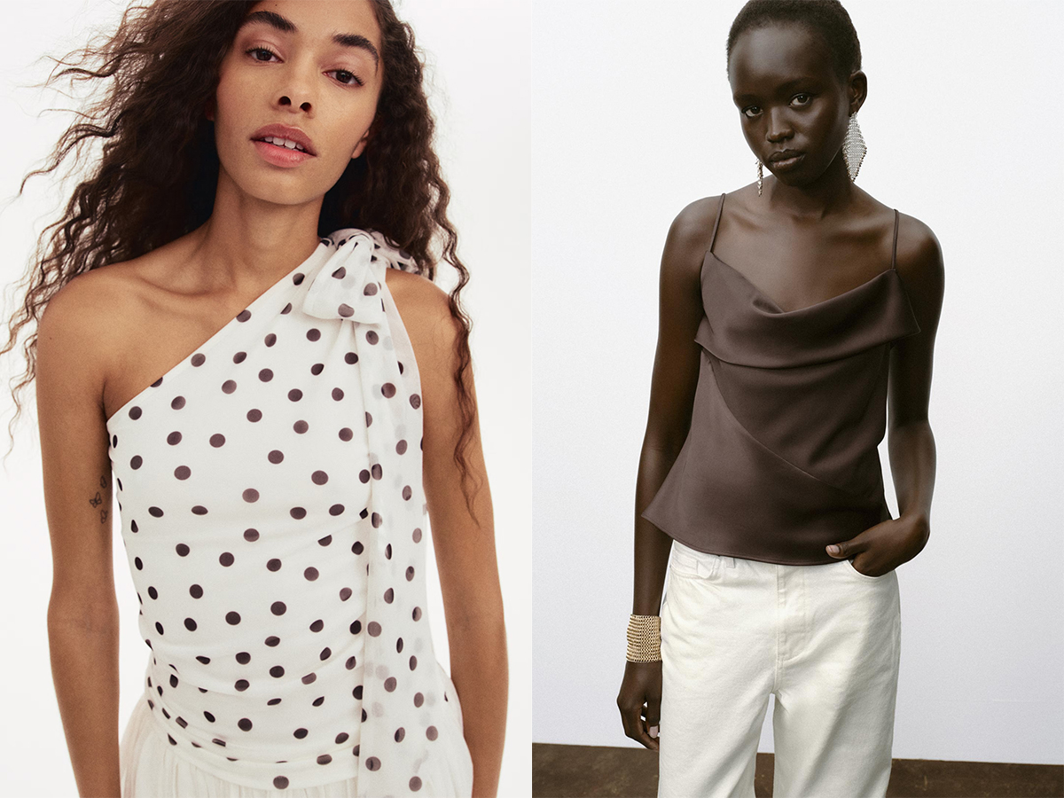 Models wearing One-Shoulder Mesh Top from H&amp;amp;M and satin trim camisole top from Zara.