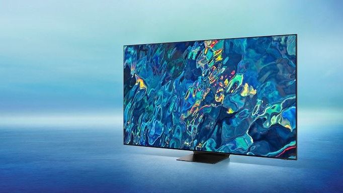 Samsung QLED TV with blue background