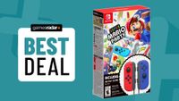 Super Mario Party Nintendo Switch Joy-Con bundle on a blue background with best deal badge