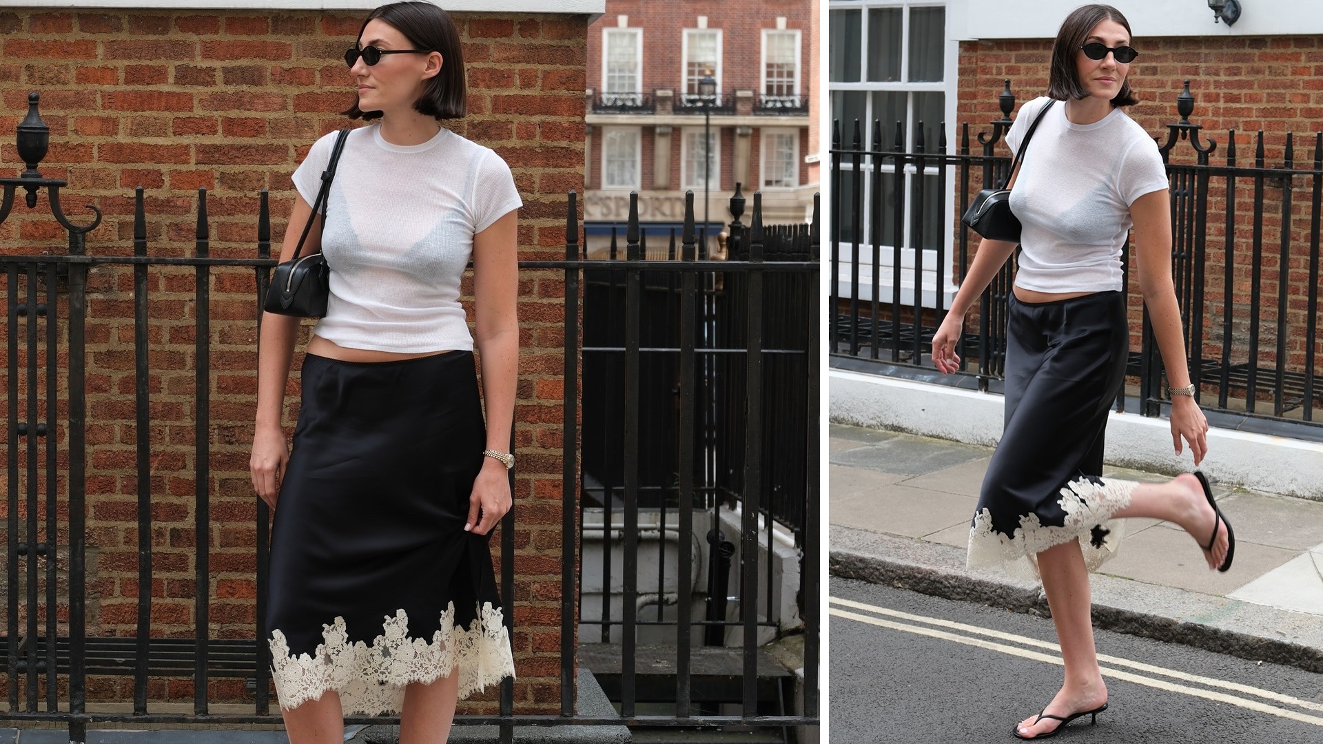 collage of British Sarah Louise Blythe posing on a London street wearing a sheer white T-shirt, black shoulder bag, black and ivory lace-trim slip skirt, and black kitten-heel flip-flop sandals