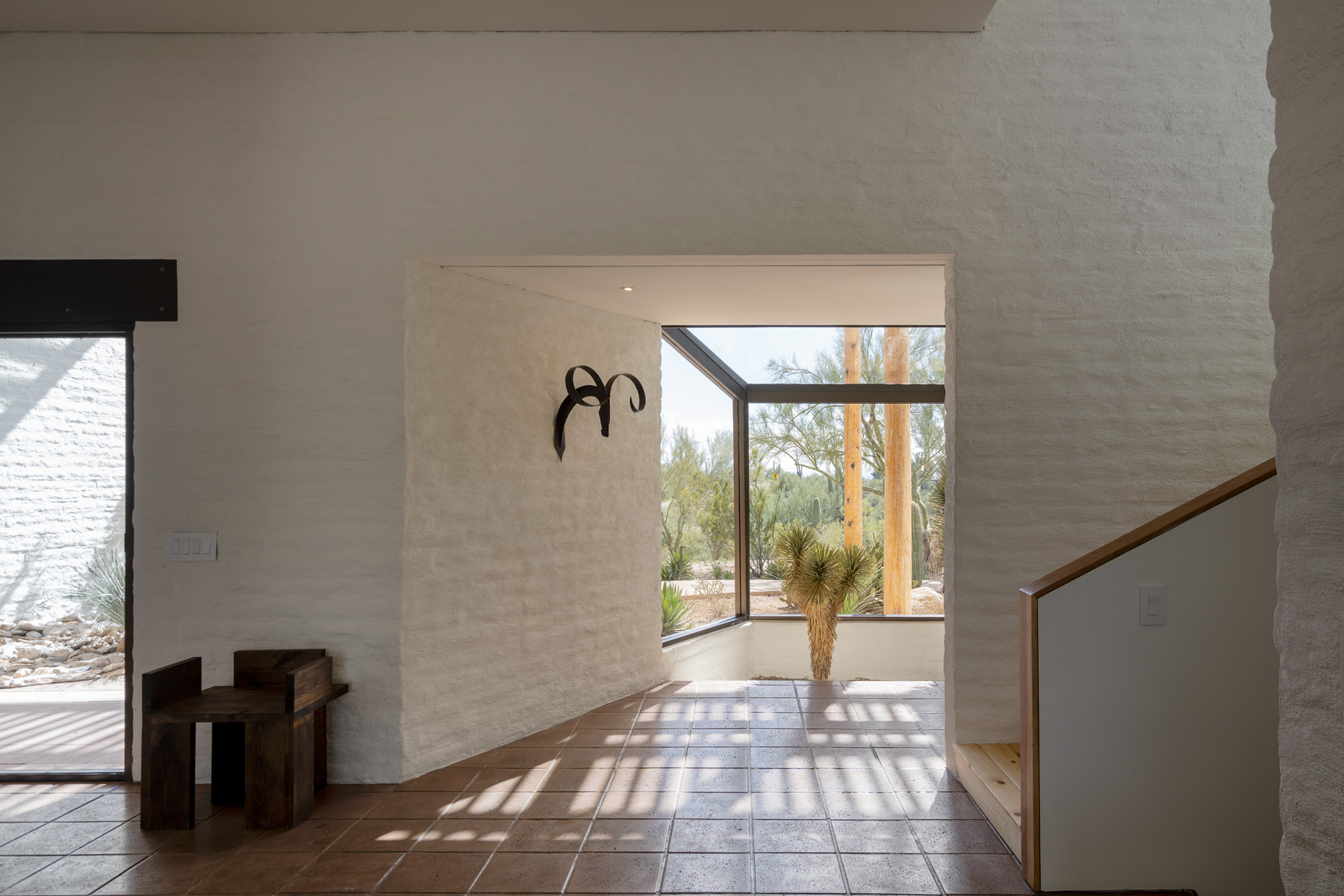 view of Ramada House by Judith Chafee, white, simple modernist house in the american desert