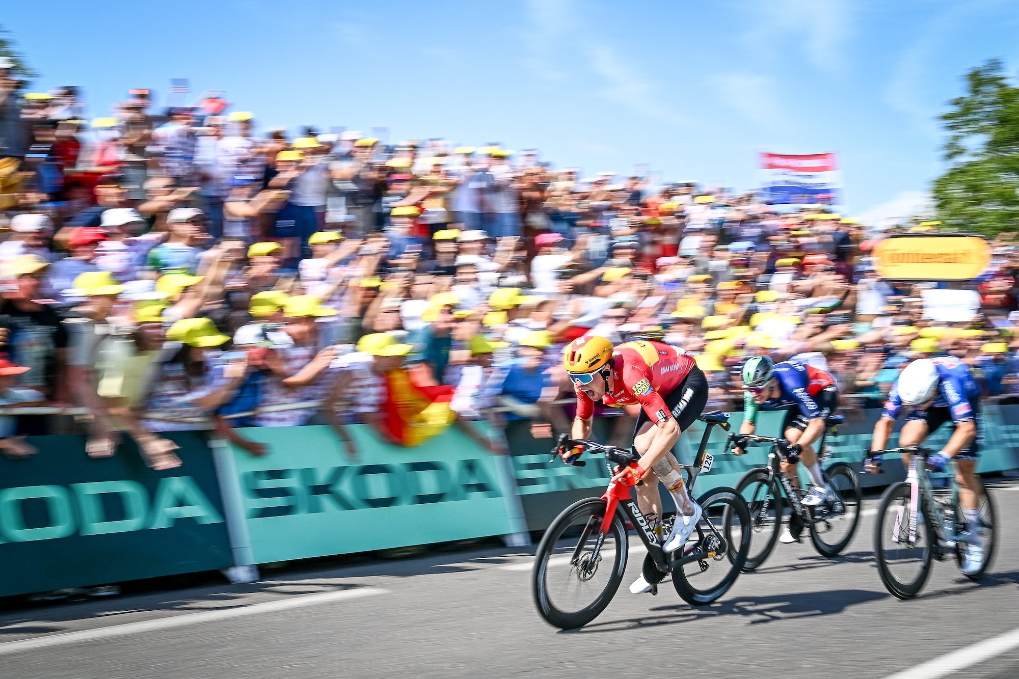 Norwegian Soren Waerenskjold of Uno-X Mobility sprints to the finish to win the stage 11 of the 2026 Tour de France (Photo by JASPER JACOBS / BELGA MAG / Belga via AFP)