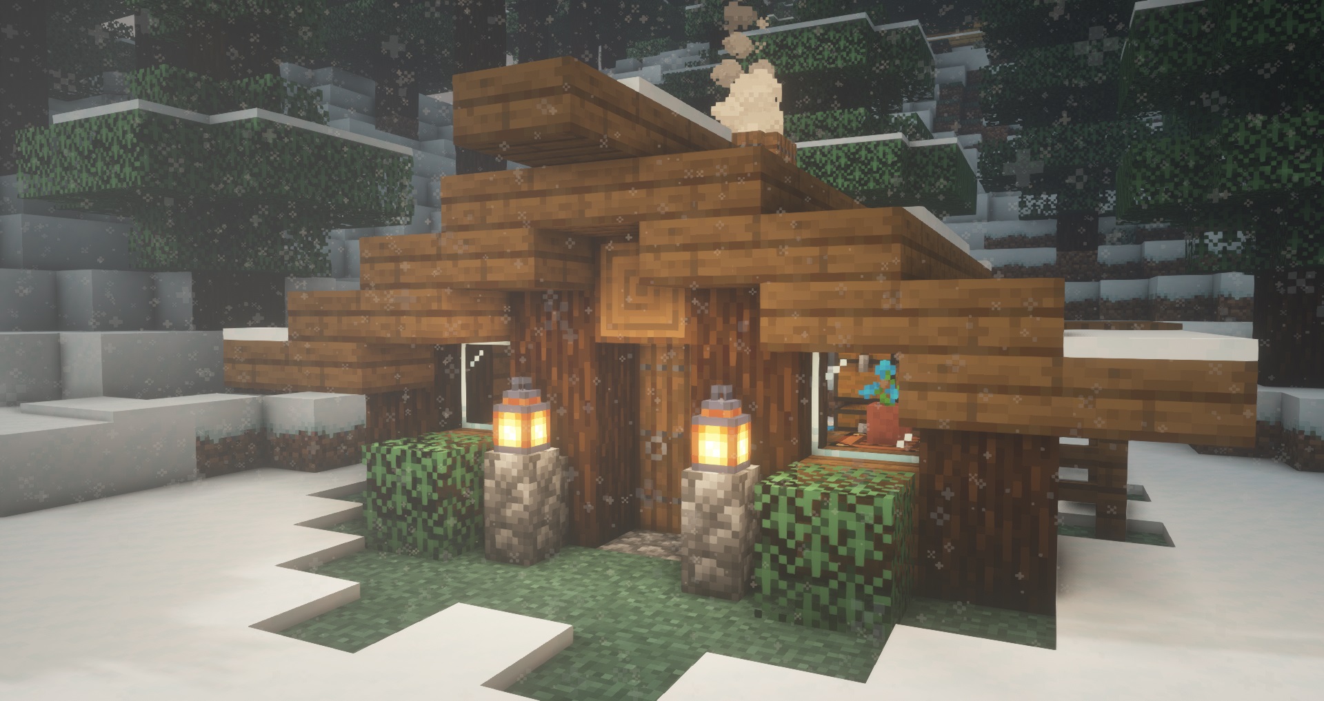 Minecraft cabin build idea - A very small spruce cabin with lanterns out front in a forest in the snow.