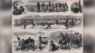 Episodes in the Zulu wars, including a Zulu ceremony, the flogging of a deserter and a Zulu warrior giving himself up to English soldiers. Wood engraving.