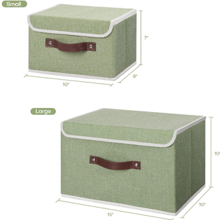 a green sturdy fabric storage box with a lid and leather handle