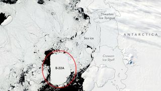 A satellite view of the iceberg. The newly escaped B-22A iceberg is circled in red.