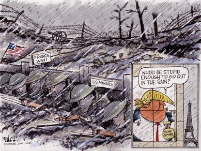 Political cartoon U.S. Trump Veterans Day rain WWI France U.S. Marines