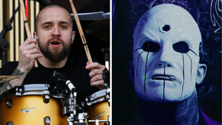 Eloy Casagrande onstage in 2022, next to a photo of him in his Slipknot mask