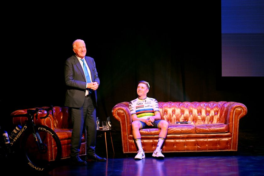 DE PANNE, BELGIUM - JANUARY 06: (L-R) The General manager Patrick Lefevere of Belgium and the World Champion Jersey and winner of 77th Tour of Spain Remco Evenepoel of Belgium during the Soudal Quick-Step 2023 - Team Presentation on January 06, 2023 in De Panne, Belgium. (Photo by Luc Claessen/Getty Images)