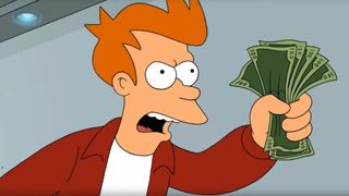 Fry waves a wad of cash.