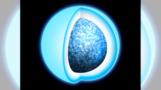 An illustration of a bright blue white dwarf star, revealing a hard crystalline core