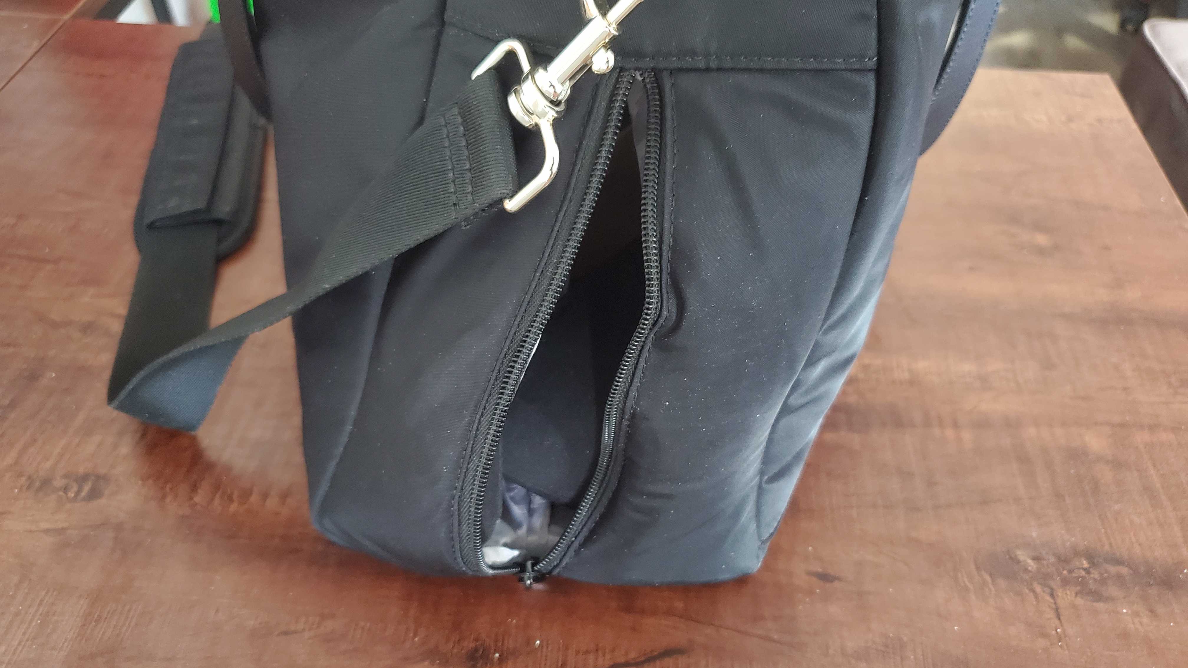 closeup of a black overnight bag's insides