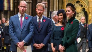 Prince William, Duke of Cambridge and Catherine, Duchess of Cambridge, Prince Harry, Duke of Sussex and Meghan, Duchess of Sussex attend a service marking the centenary of WW1 armistice at Westminster Abbey on November 11, 2018 in London, England.