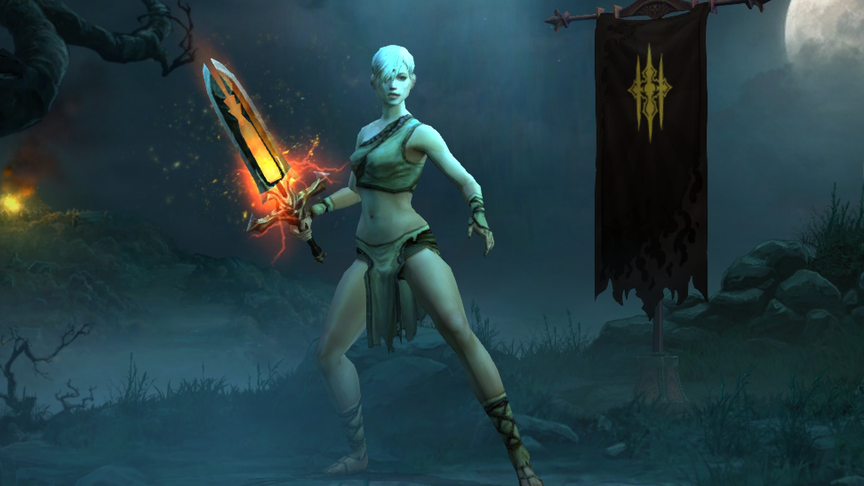 Diablo 3'te ateş yayan Doombringer kılıcı.