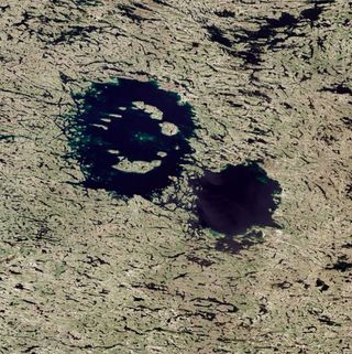 Clearwater Lakes double impact crater in Quebec, Canada, seen from space.