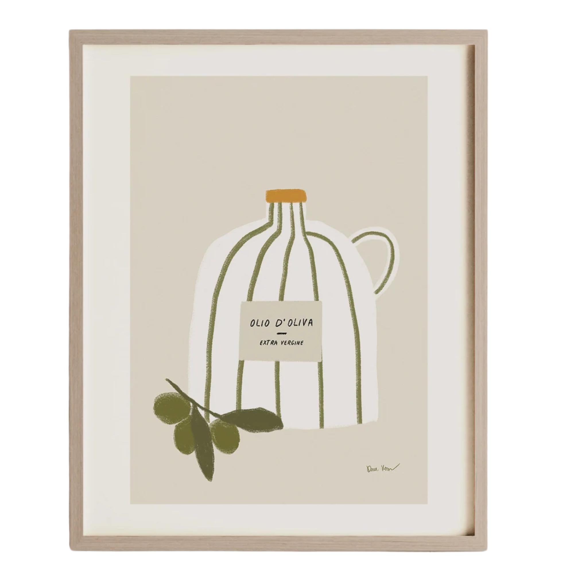 a poster with a drawing of a bottle of olive oil and a vine of olives