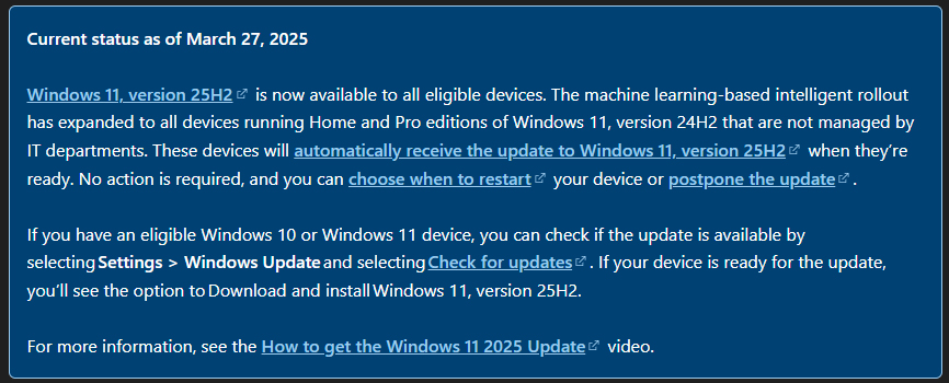 إشعار بشأن طرح التحديث القسري التلقائي لنظام التشغيل Windows 11 25H2