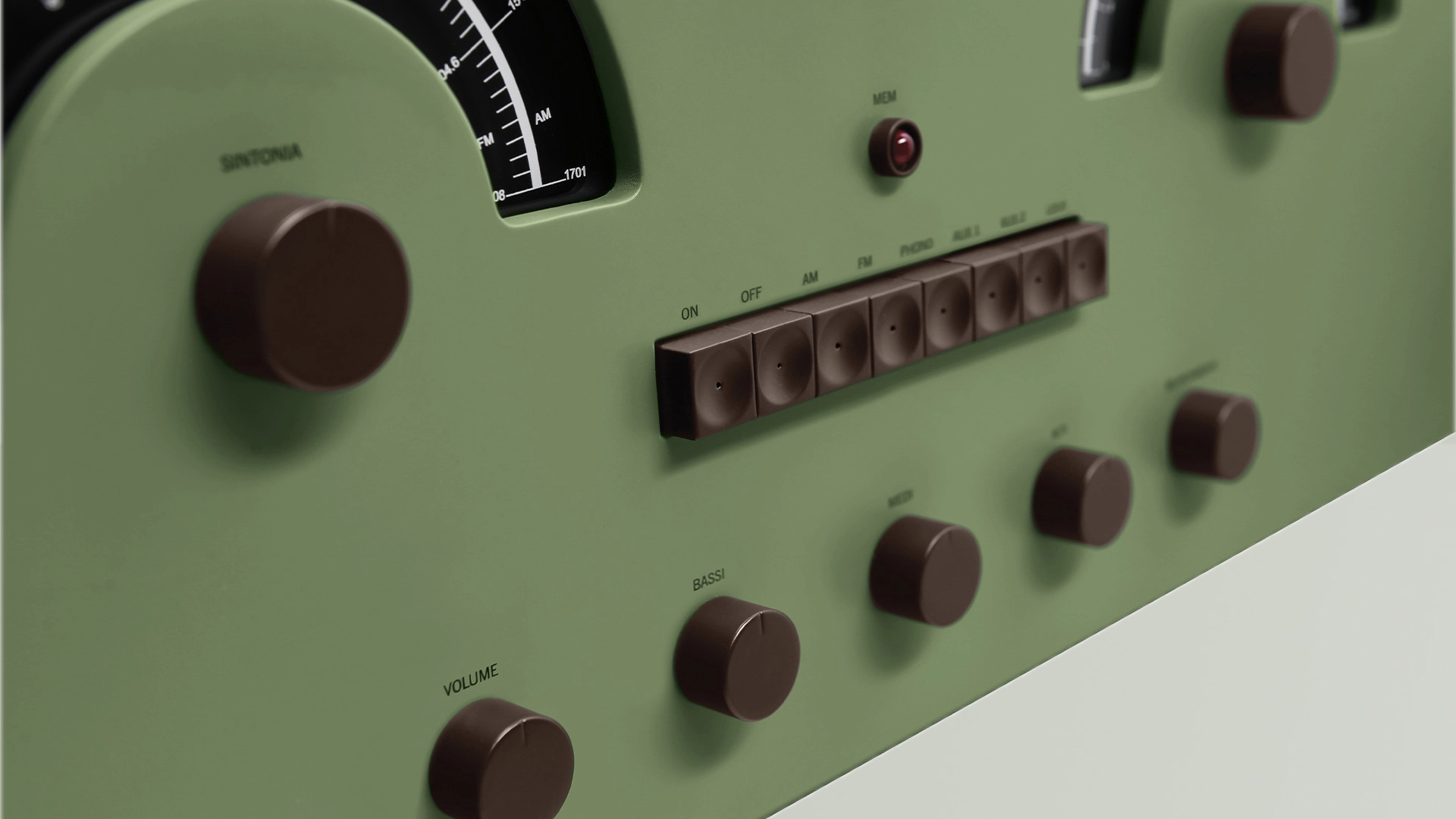 Photos of the Brionvega Radiofonografo 60th Anniversary Edition on a soft grey background
