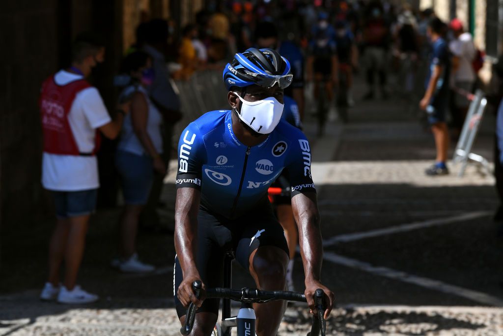 LAGUNAS DE NEILA SPAIN AUGUST 01 Start Nicholas Dlamini of South Africa and Team NTT Pro Cycling Covarrubias Village during the 42nd Vuelta a Burgos 2020 Stage 5 a 158km stage from Covarrubias to Lagunas de Neila 1872m VueltaBurgos on August 01 2020 in Lagunas de Neila Spain Photo by David RamosGetty Images