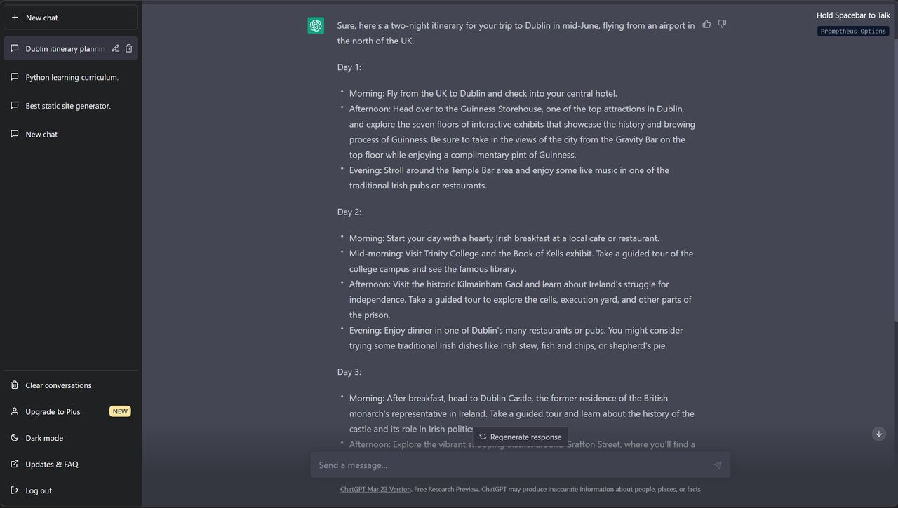 ChatGPT generated itinerary for a trip to Dublin