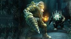 The protagonist from BioShock 2 faces down a Big Daddy